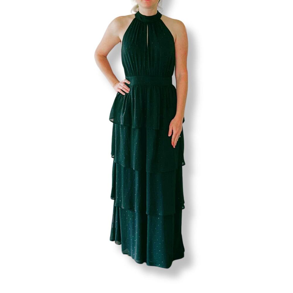 NWT Express Halter Ruffle Tiered Maxi Dress with Metallic Thread Detail